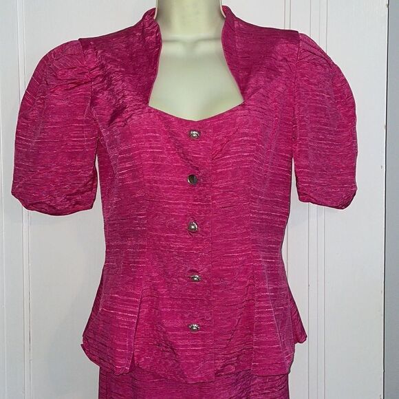 Vtg 80s Bridal Originals bright fuchsia pink 2 pc taffeta dressy outfit - Picture 3 of 13